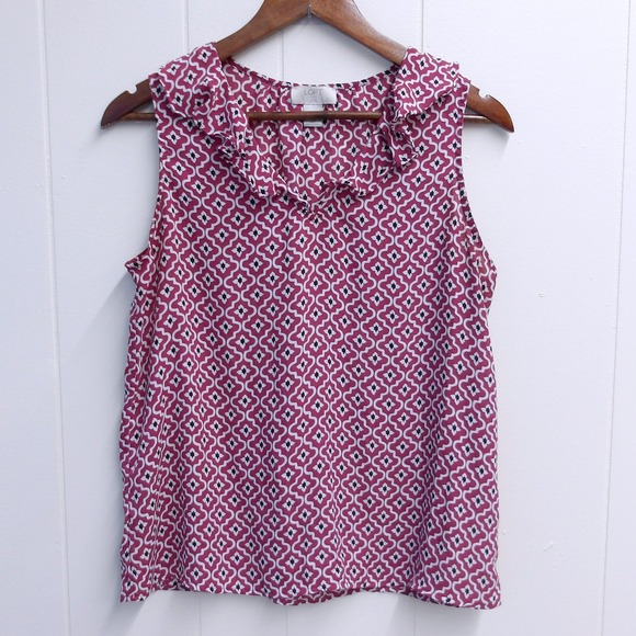 LOFT Sleeveless Ruffle Blouse Geometric‎ Print Casual Top Size MP / #6319 - Picture 2 of 5